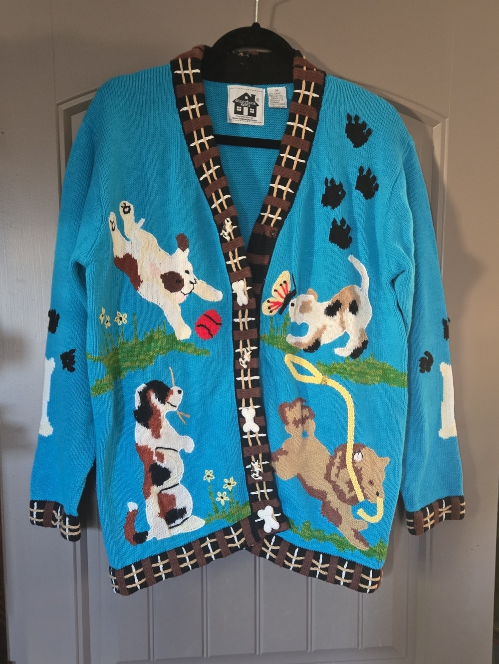 Storybook Knits, Cottagecore, Darling Puppies Cardigan Sweater, 90's, Size M